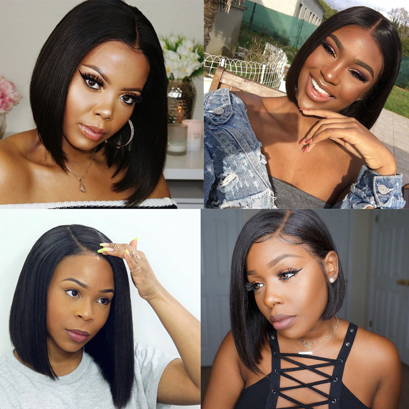 European American Fashion Short Straight Bob Wig Women Coolhair Dark Brown Natural Hairline 100% Density High Temperature