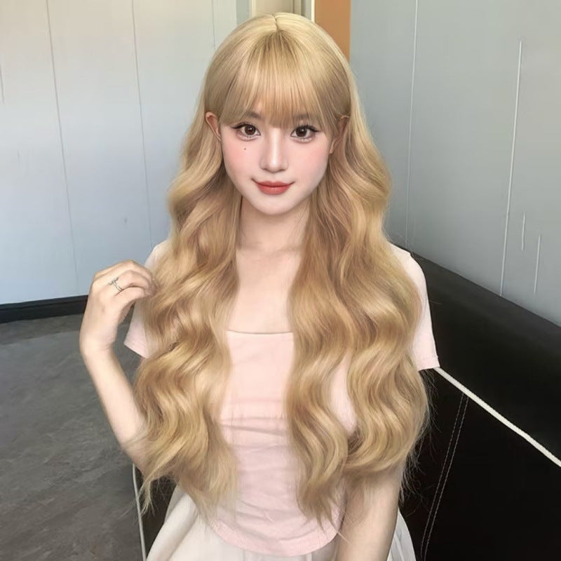 Direct sales wig, women's colorful long curly hair, air bangs, fashionable long hair, full head cover, short video for sale