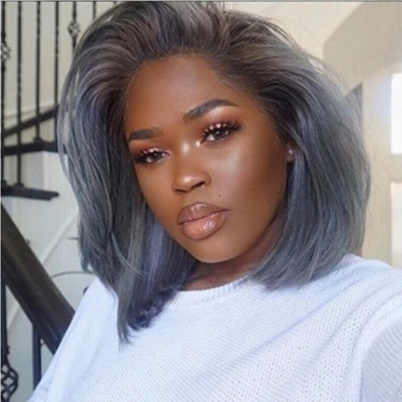 Coolhair Wig 13*6 Lace Wig Gray Silver Mix High Quality Smooth Fiber Bob Short Straight Hair Soft Breathable Real Photo