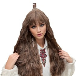 New European American Women's Body Wave Wigs Orange Long Hair High Temperature Fiber Curls Air Bangs 100% Density Natural
