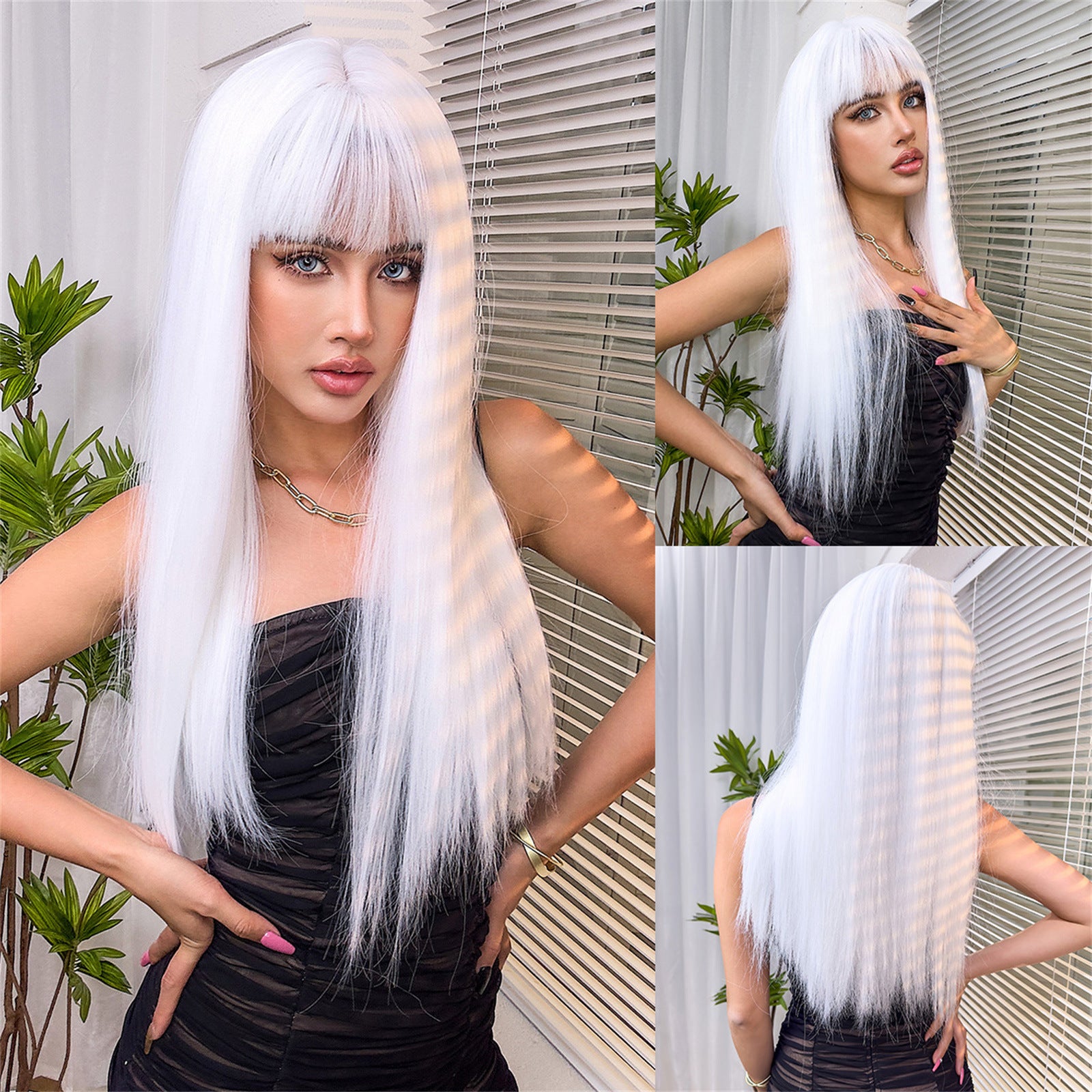 Coolhair Small Cap Dark Brown Natural Straight Synthetic Wig 26 Inches Heat Resistant with Bangs for Women