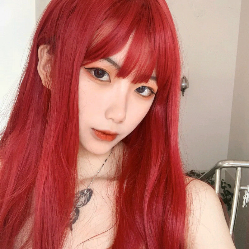 Japanese and Korean manga bangs wig, women's red waist length straight hair, internet celebrity, same style synthetic headband