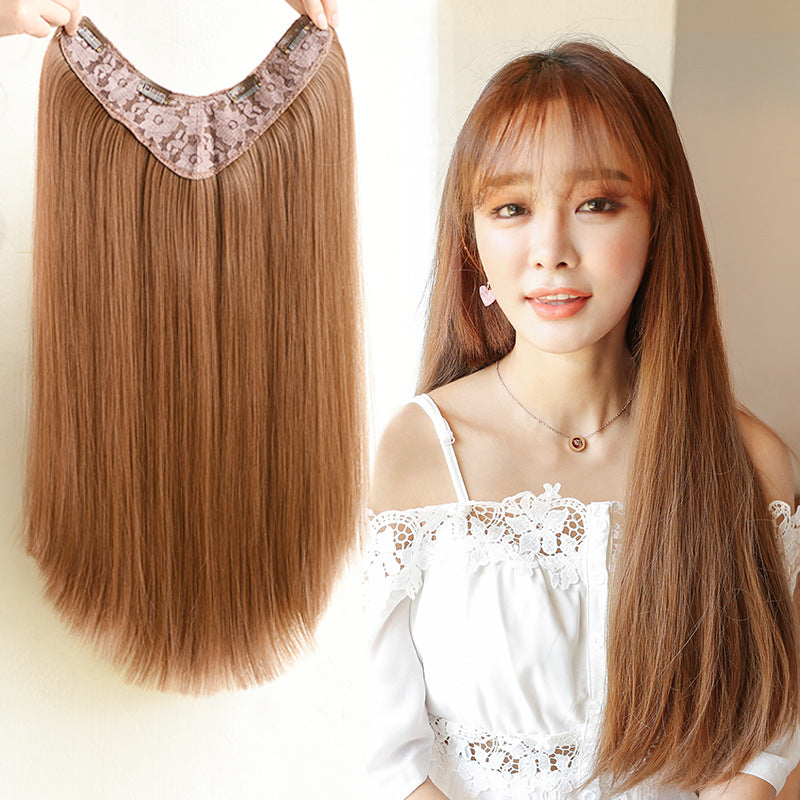 Coolhair Wig Girls Chocolate Brown One Piece Long Straight Highlights Synthetic Hairpiece U-part Wig Hair Extensions for Women