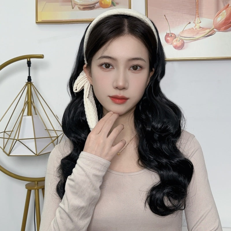 Side Headband Wig Women's Long Synthetic Hair Body Wave Small Cap 100% Density Slightly Curly Half Head Set