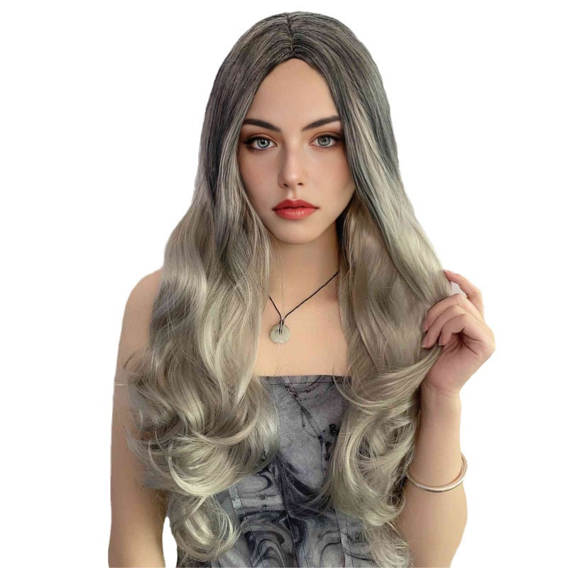 Women's Small Body Wave Long Curly Hair Black Gradient Pink Simulated Scalp Wig Set in Stock