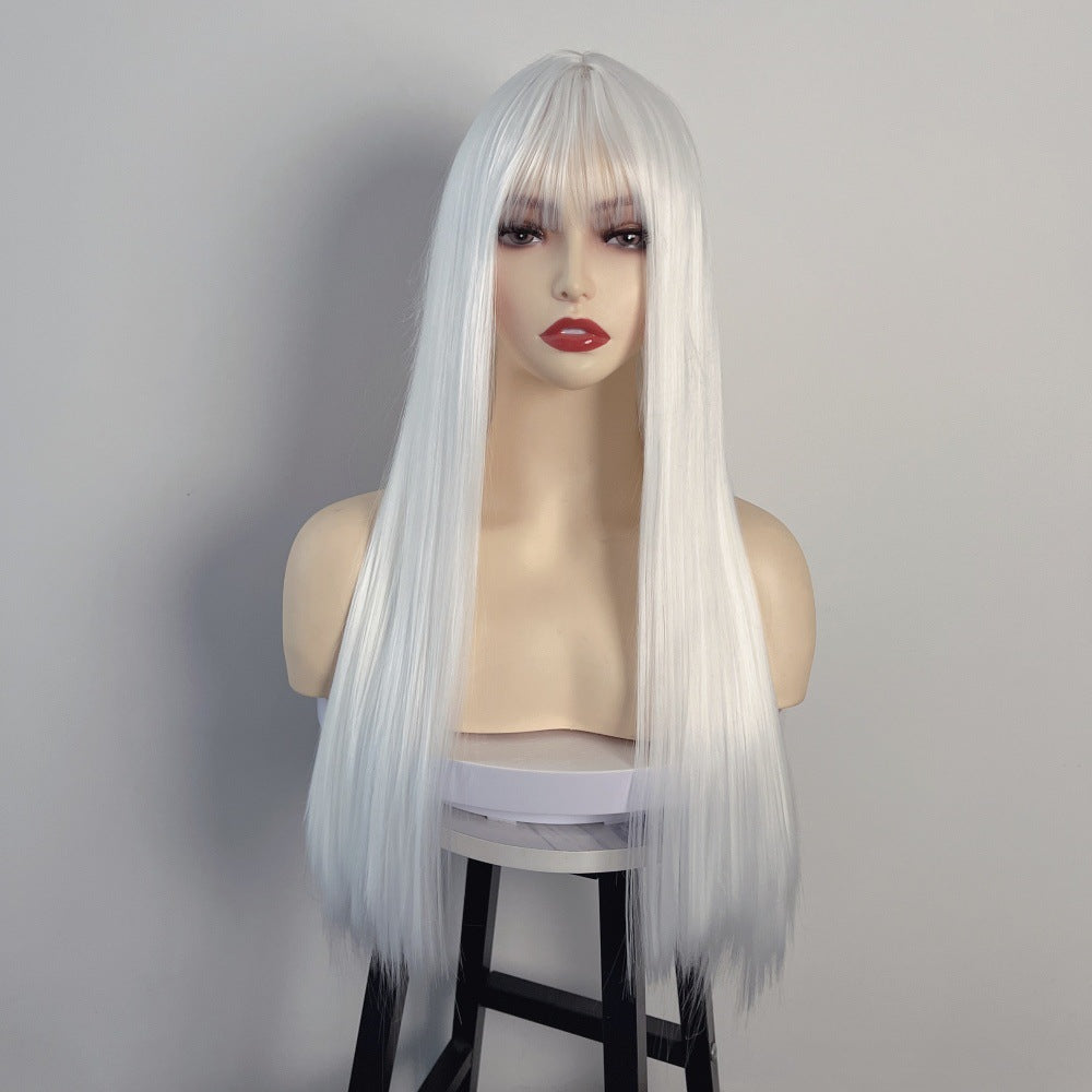 High-Grade Fiber Synthetic Wig Long and Loose Straight White Hair Coolhair Wig Elastic Breathable Cap with Rose Mesh