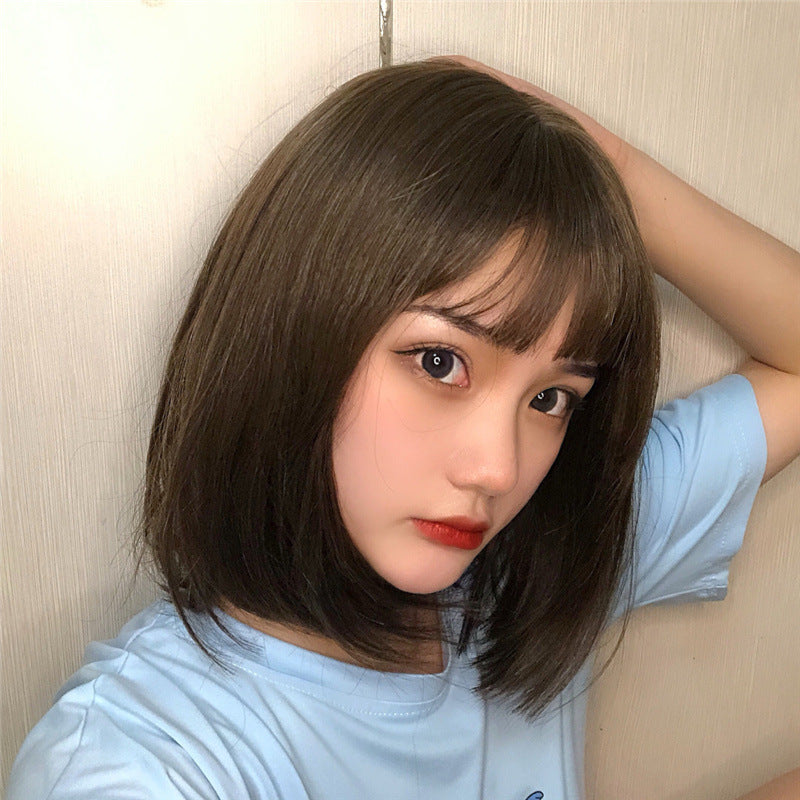 Japanese and Korean Popular Women's Synthetic Wigs with Body Wave Air Bangs Short Bob Hair Small Cap Size