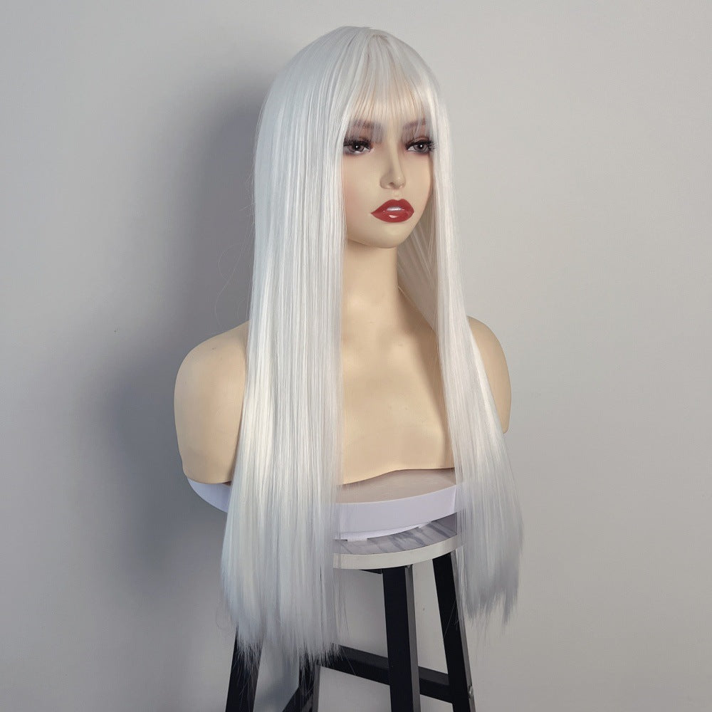 High-Grade Fiber Synthetic Wig Long and Loose Straight White Hair Coolhair Wig Elastic Breathable Cap with Rose Mesh