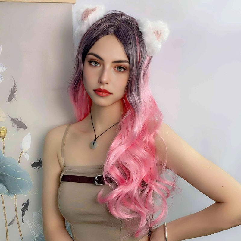 Women's Small Body Wave Long Curly Hair Black Gradient Pink Simulated Scalp Wig Set in Stock