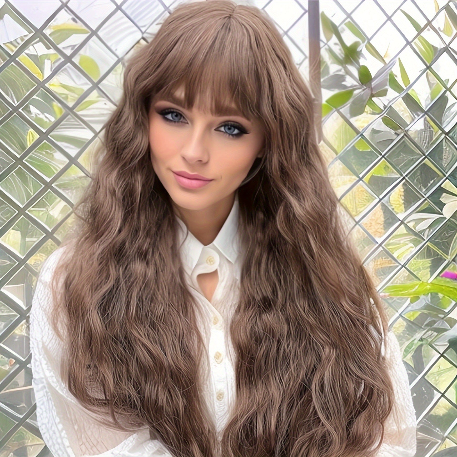 New European American Women's Body Wave Wigs Orange Long Hair High Temperature Fiber Curls Air Bangs 100% Density Natural