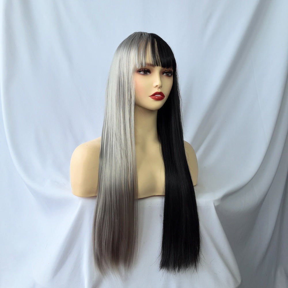 Coolhair Wig Black White Long Straight Wig with Bangs Synthetic Costume Hair Wig for Women Cosplay Anime Party Halloween