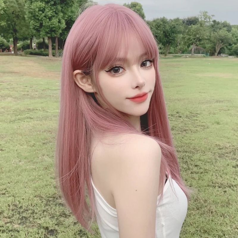 Coolhair Wig New Design Japanese Style Luxury Long Straight Pink Color Synthetic Fiber Wig With Bangs