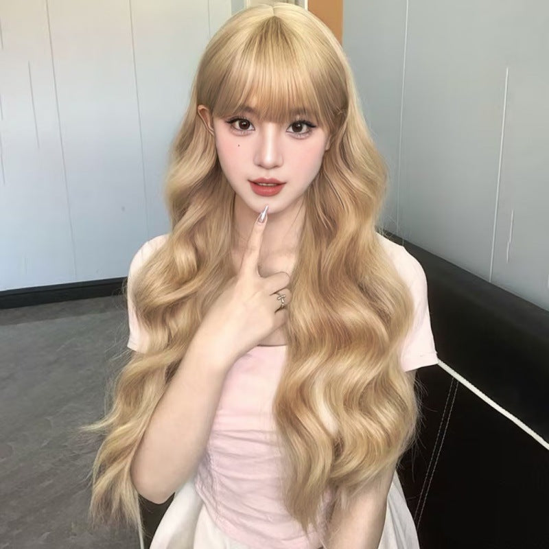 Direct sales wig, women's colorful long curly hair, air bangs, fashionable long hair, full head cover, short video for sale