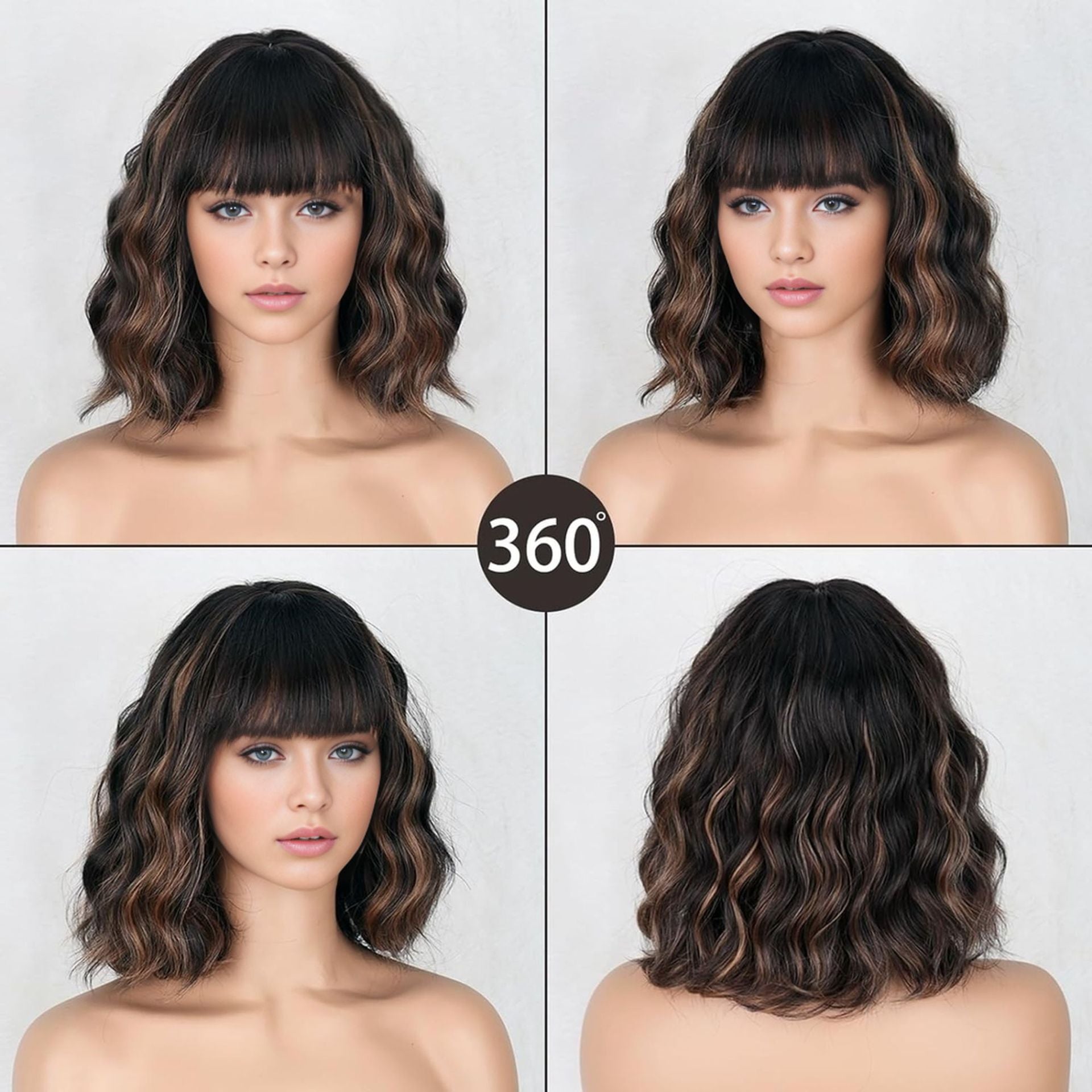Coolhair Wig Water Wave Synthetic Hair Wig with Bang Middle Part Simulated Scalp High-Temperature Heat Resistant Fiber Women Wig