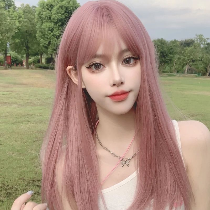 Coolhair Wig New Design Japanese Style Luxury Long Straight Pink Color Synthetic Fiber Wig With Bangs