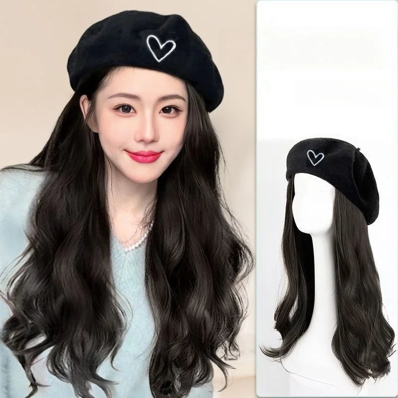 Coolhair Beret Hat Long Wavy Dark Brown Wig