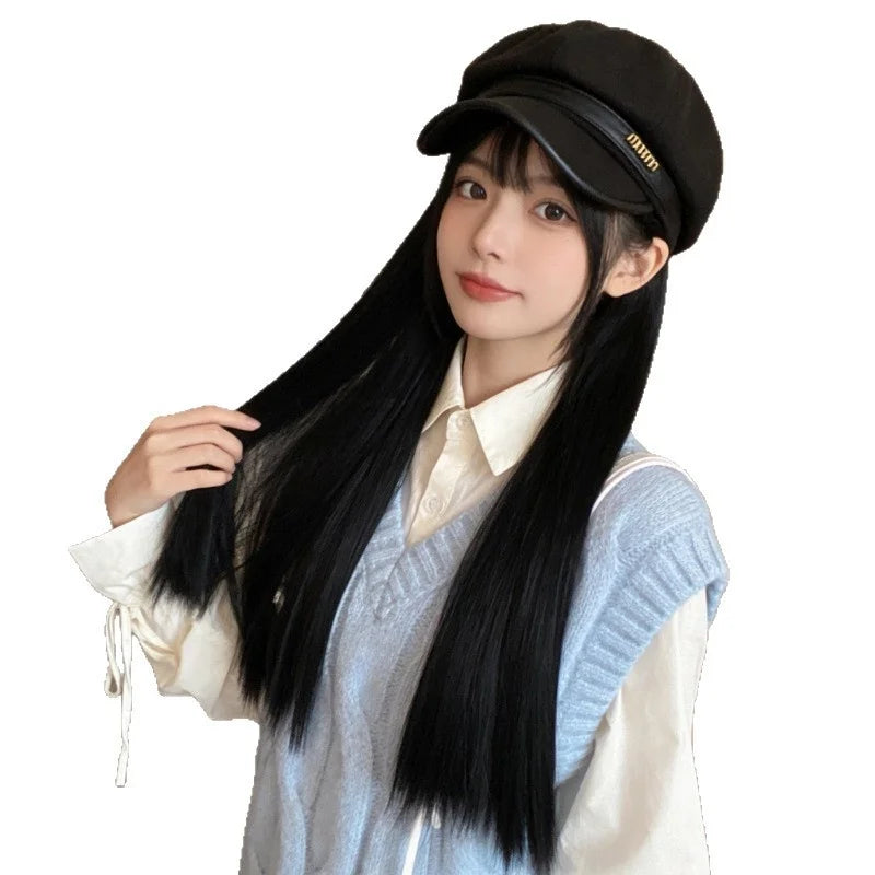 Fashionable Influencer Beret Detachable Black Straight Wig