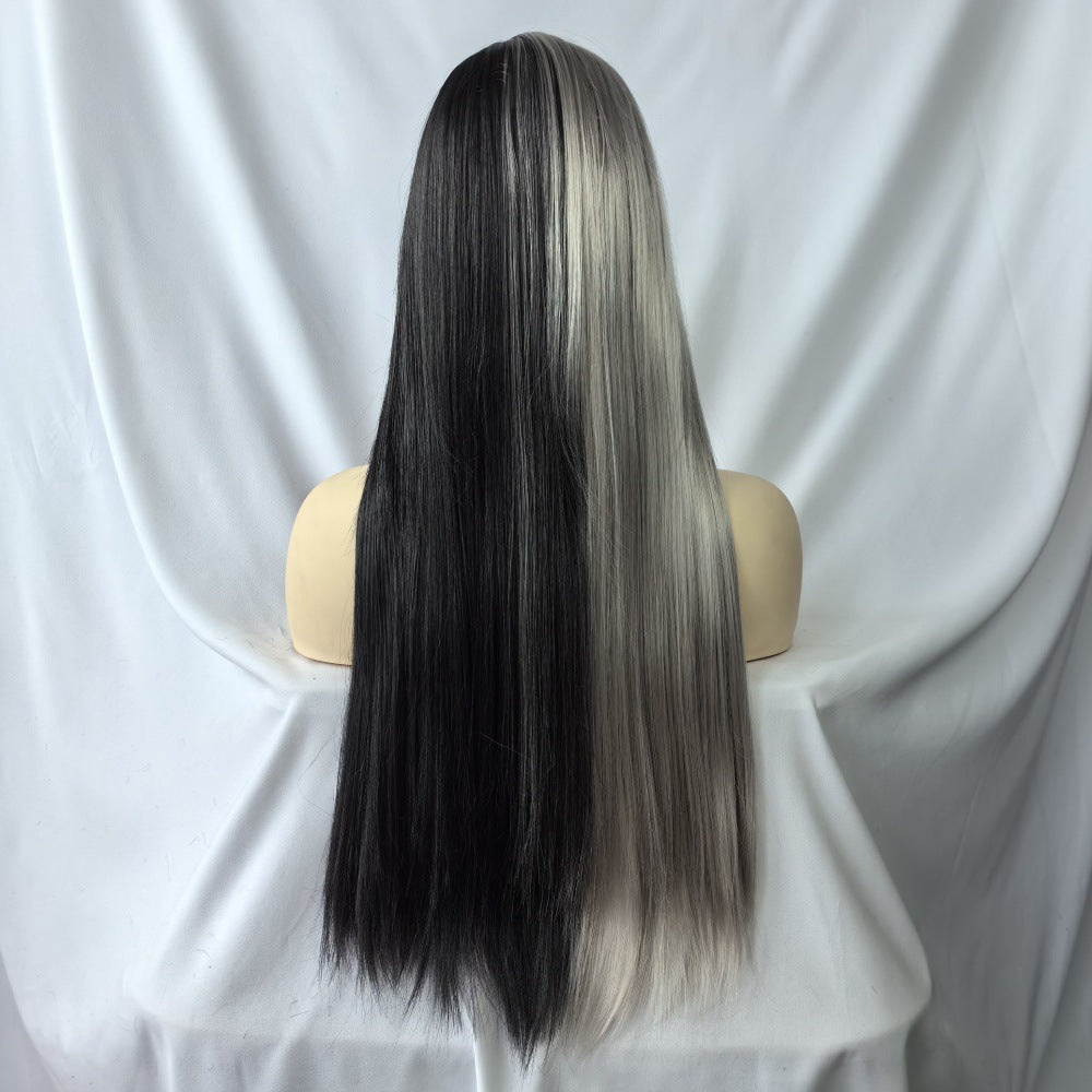 Coolhair Wig Black White Long Straight Wig with Bangs Synthetic Costume Hair Wig for Women Cosplay Anime Party Halloween