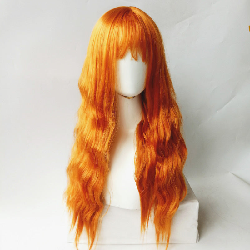 New European American Women's Body Wave Wigs Orange Long Hair High Temperature Fiber Curls Air Bangs 100% Density Natural
