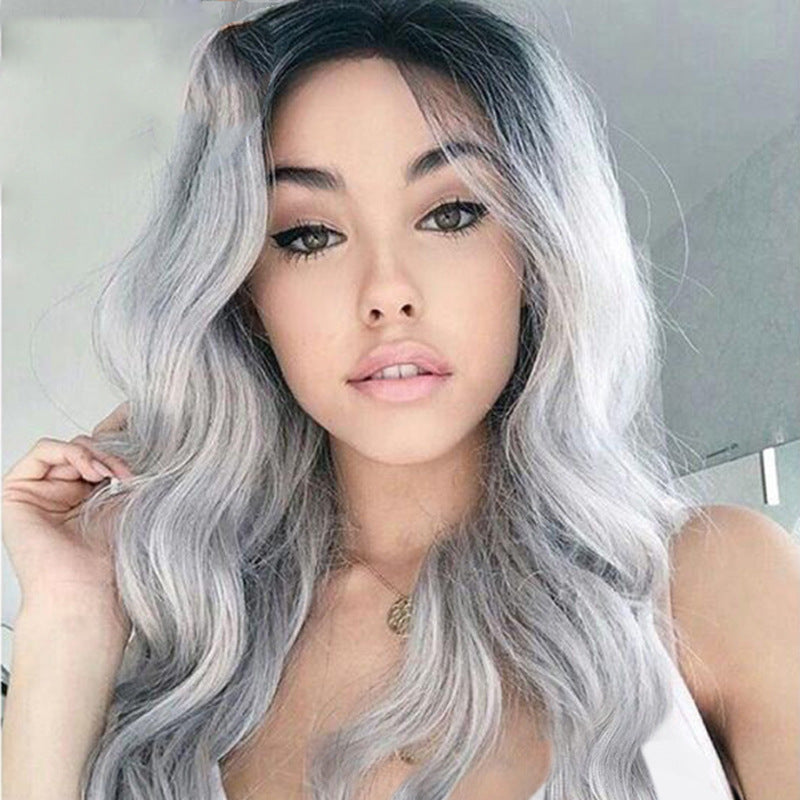 New Wholesale Women's Long Curly Lace Front Cool Wig Deep Wave Black Gray Gradient Heat Resistant Large Cap Size