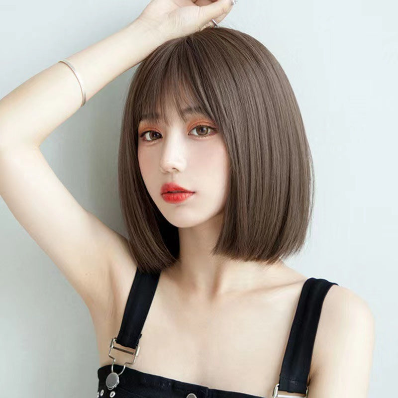 Short Straight Bob Burgundy Brown Hair Coolhair Wig With Bangs Brown Synthetic Wig Heat Resistant Fiber Fluffy Hair