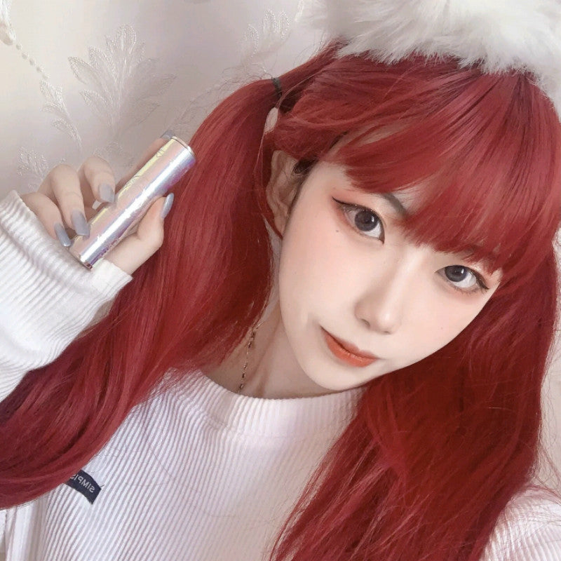 Japanese and Korean manga bangs wig, women's red waist length straight hair, internet celebrity, same style synthetic headband
