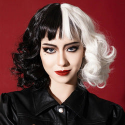 European American Short Curly Full Wig Maleficent Cruella De Vil Cosplay Coolhair Dark Brown Heat Resistant Black White Body