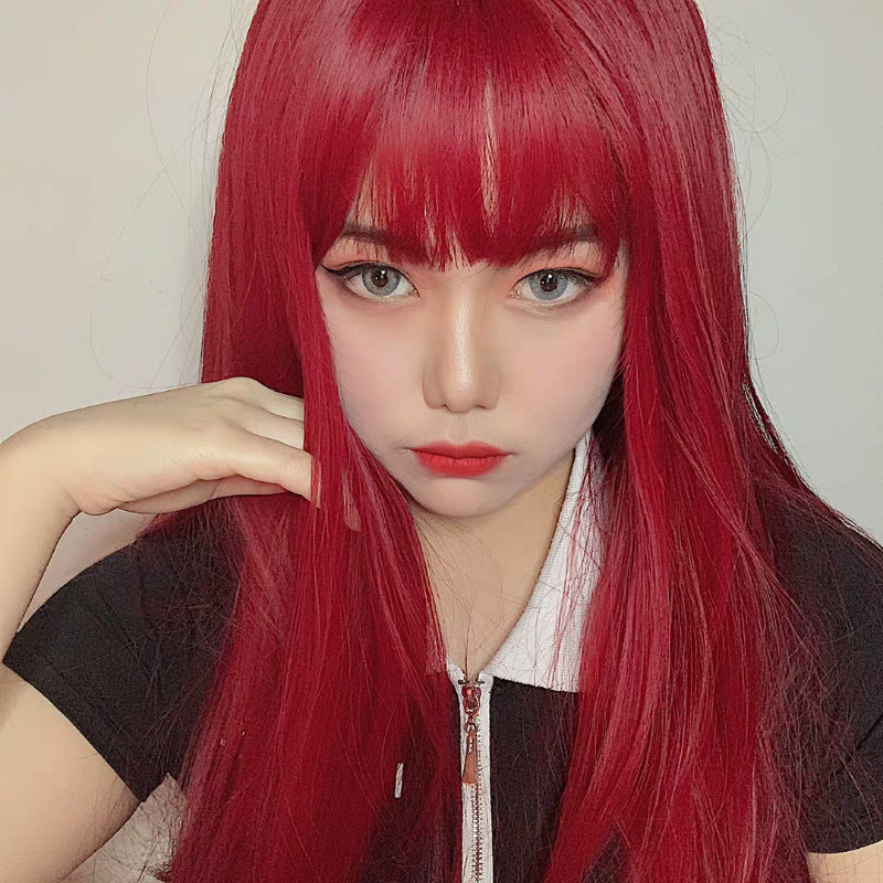 Japanese and Korean manga bangs wig, women's red waist length straight hair, internet celebrity, same style synthetic headband