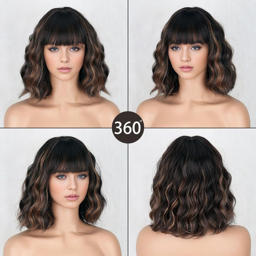 Coolhair Wig Water Wave Synthetic Hair Wig with Bang Middle Part Simulated Scalp High-Temperature Heat Resistant Fiber Women Wig