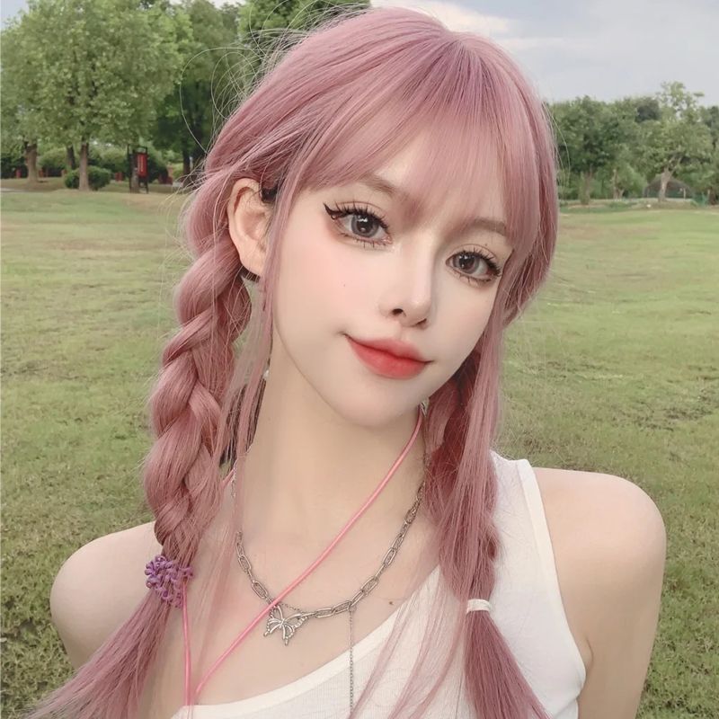 Coolhair Wig New Design Japanese Style Luxury Long Straight Pink Color Synthetic Fiber Wig With Bangs