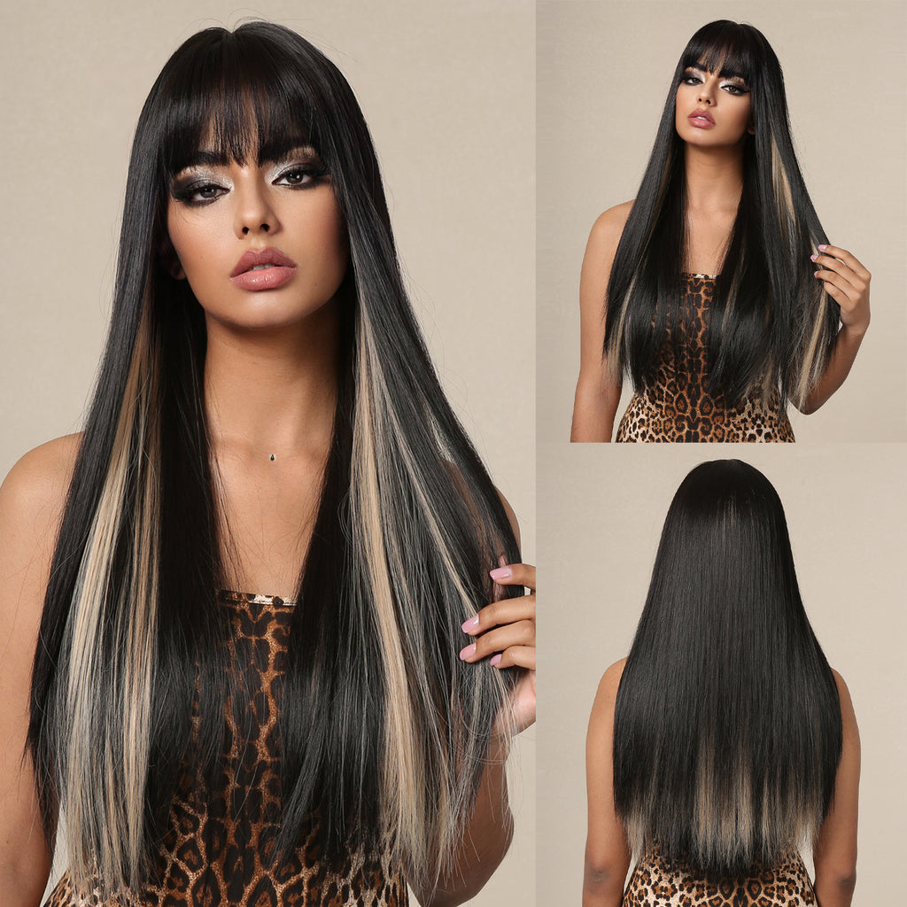 Coolhair Small Cap Dark Brown Natural Straight Synthetic Wig 26 Inches Heat Resistant with Bangs for Women