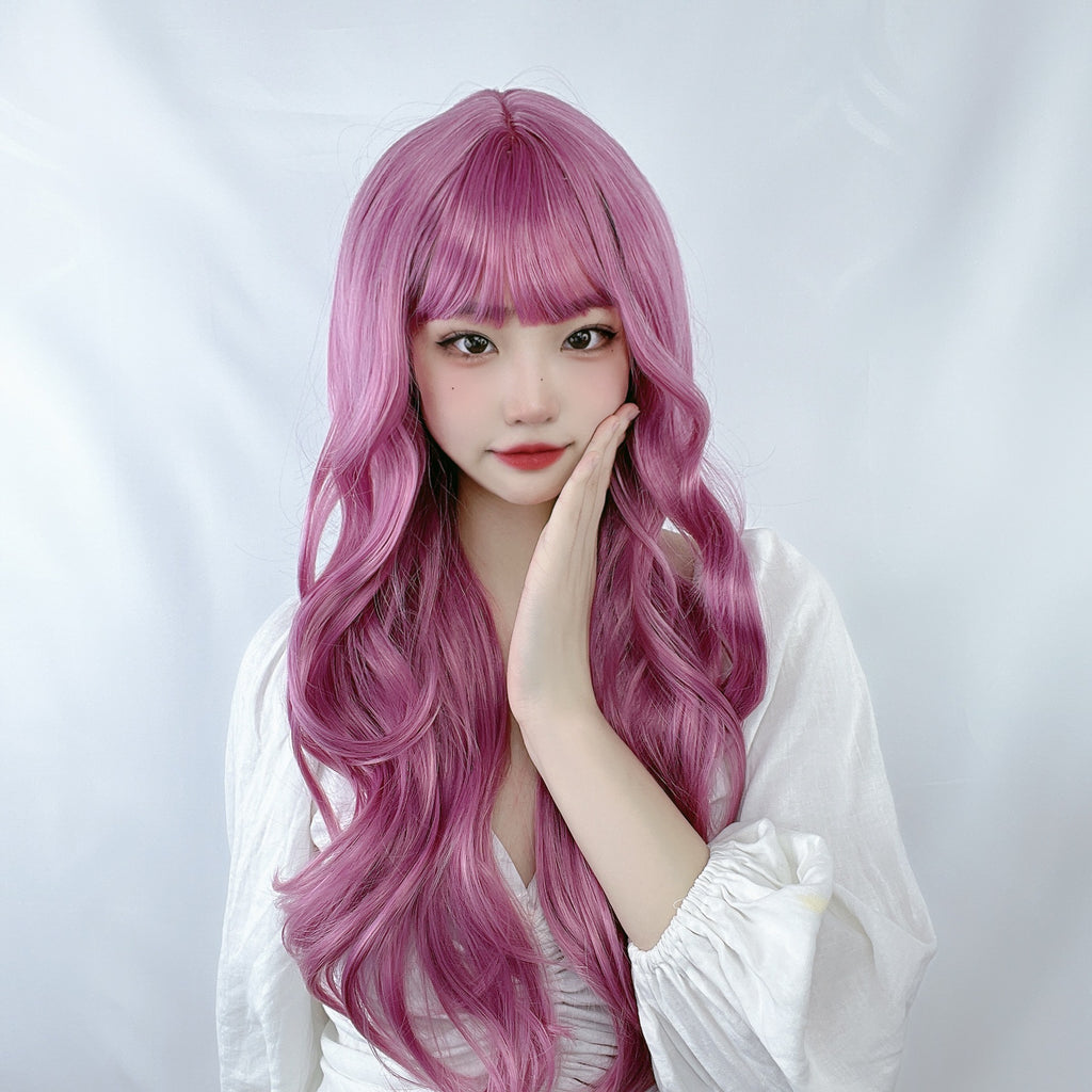 Female Small Body Wave Long Curly Hair Cosplay Anime Air Bangs Lolita Wig Synthetic Headband Heat Resistant