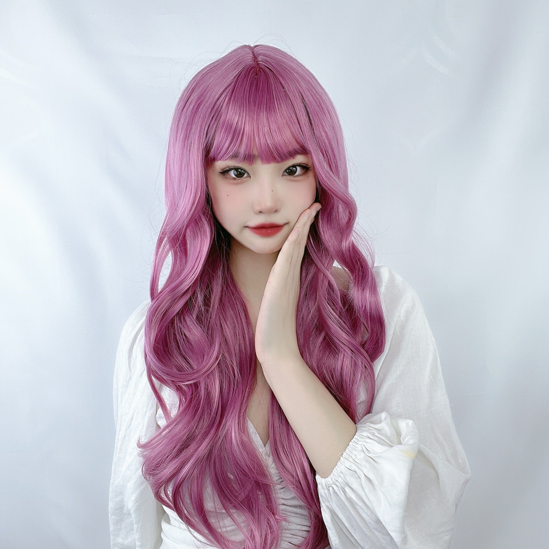 Female Small Body Wave Long Curly Hair Cosplay Anime Air Bangs Lolita Wig Synthetic Headband Heat Resistant