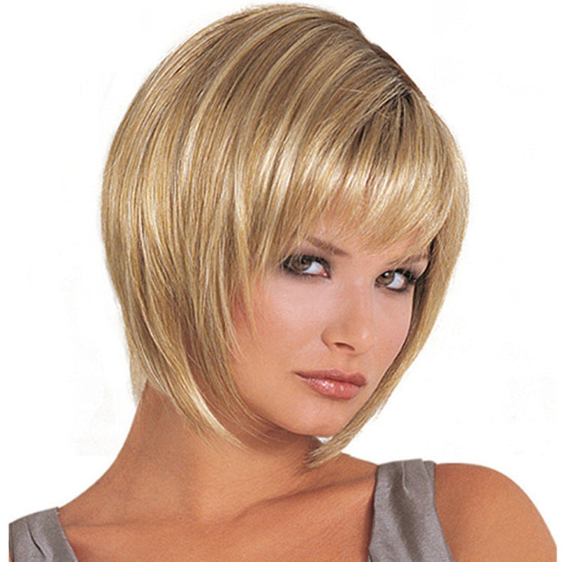 Women's European & American Fashion Short Light Gold Side Split Straight Synthetic Wig Adjustable Cap Natural Hairline