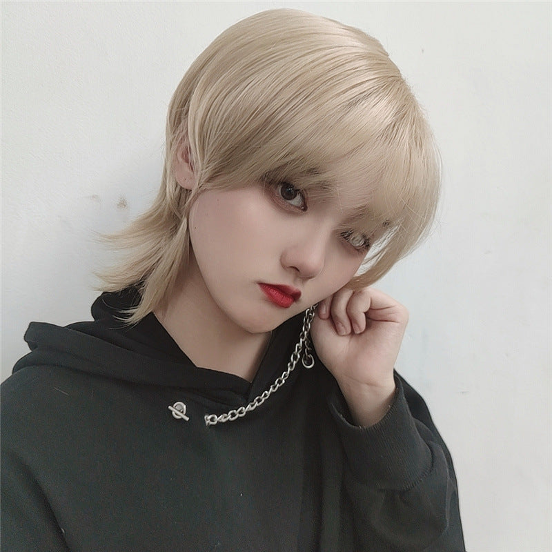 Wolf Tail Men's Short Hair Full Head Set Japanese Style Mullet Fish Head Synthetic Adjustable Natural Hairline in Stock