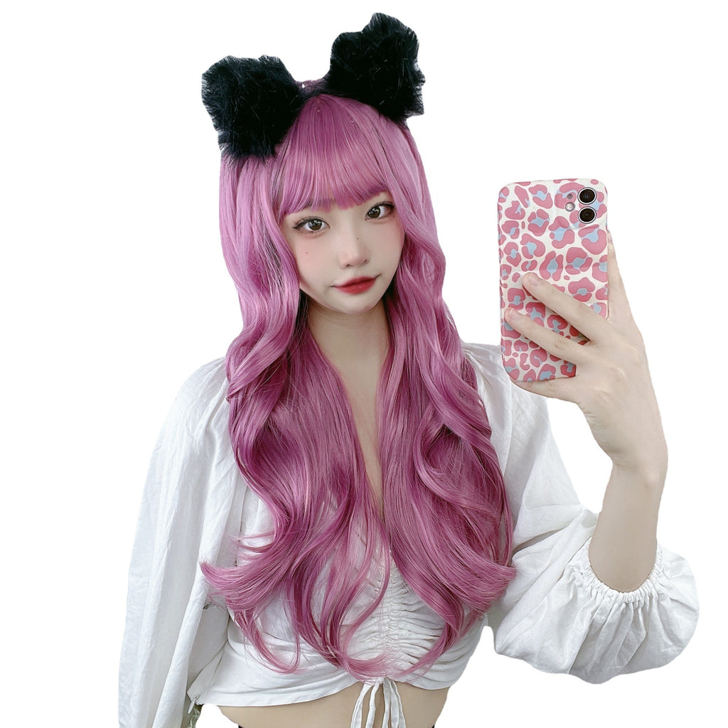 Female Small Body Wave Long Curly Hair Cosplay Anime Air Bangs Lolita Wig Synthetic Headband Heat Resistant