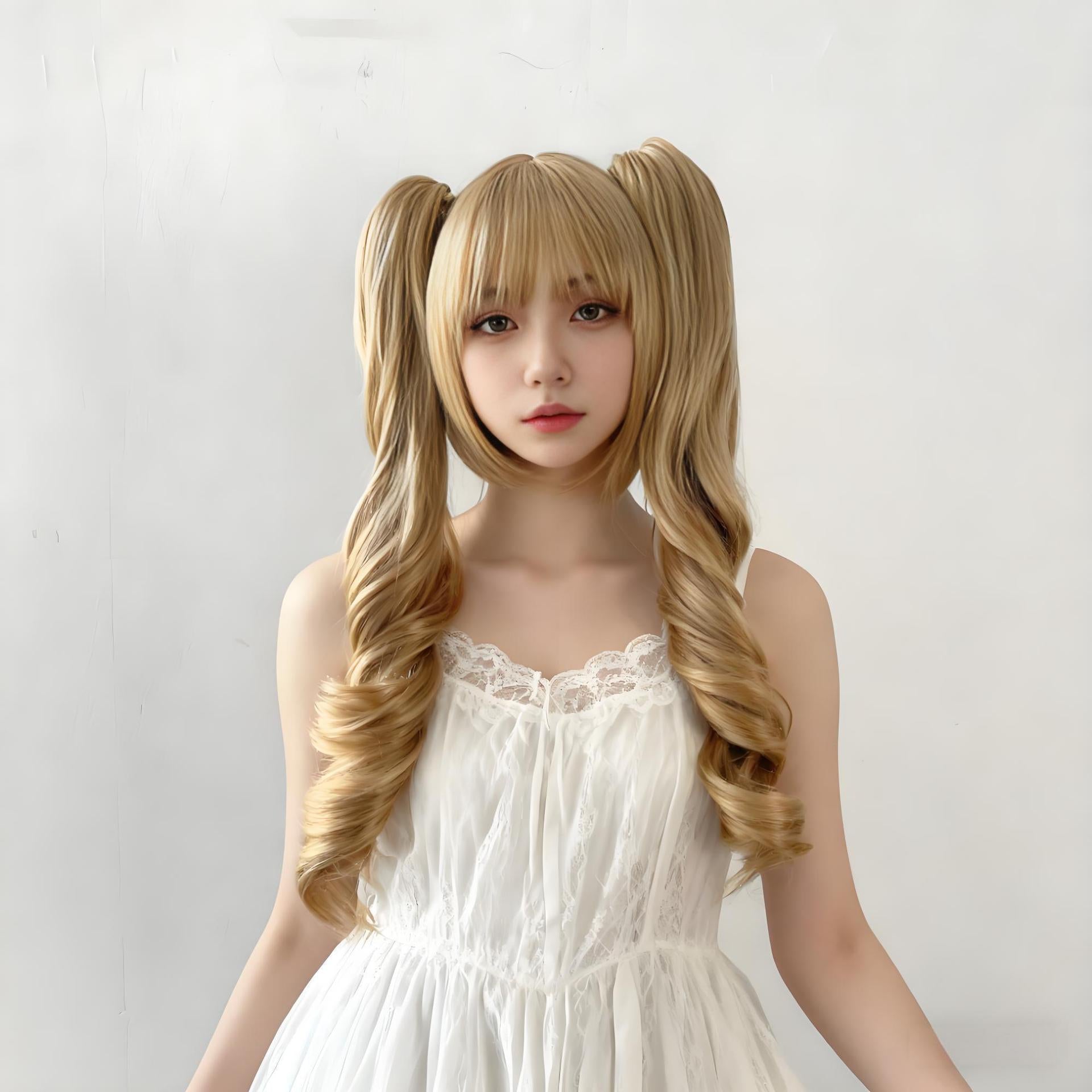 2 E-commerce Body Wave Cosplay Wig Women's Fashion Double Ponytail Lolita air Bangs Full Head Set Synthetic 100% Density Heat