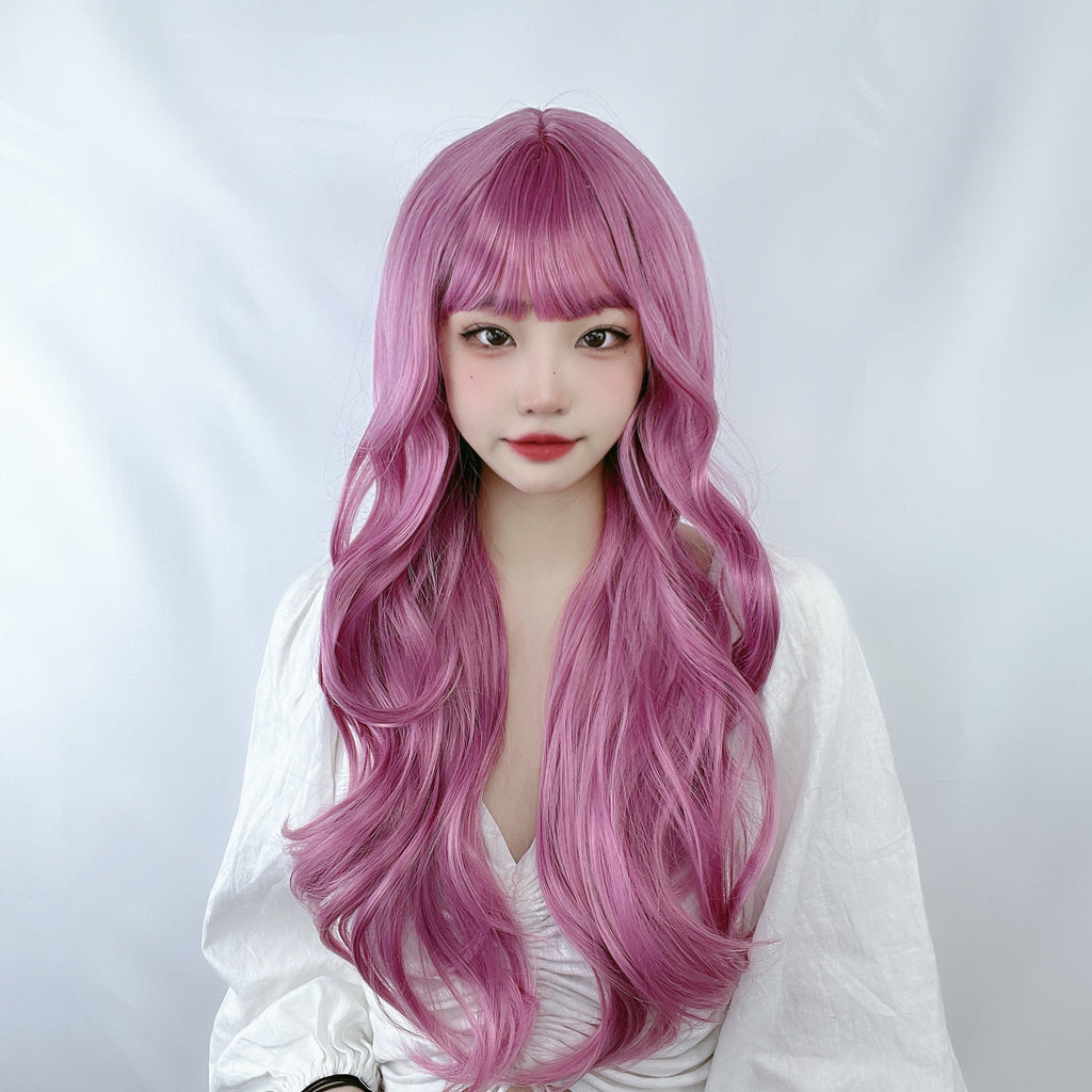 Female Small Body Wave Long Curly Hair Cosplay Anime Air Bangs Lolita Wig Synthetic Headband Heat Resistant