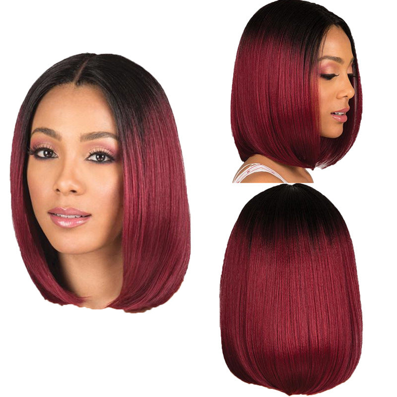Coolhair Wig Mid Split Black Gradient Wine Red Bobo Wigs Female Short Straight Hair Black Gradient Wine Red Wigs