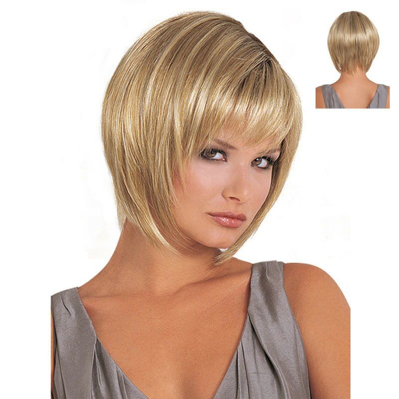 Women's European & American Fashion Short Light Gold Side Split Straight Synthetic Wig Adjustable Cap Natural Hairline