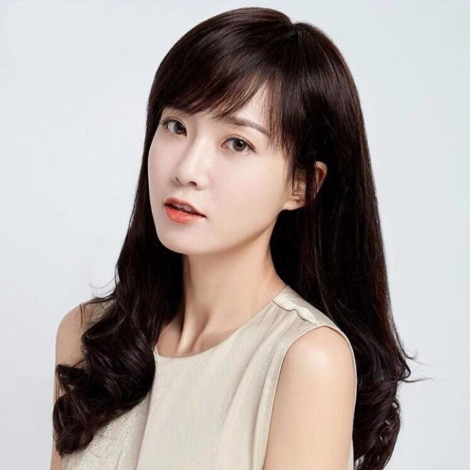 Coolhair Black Body Wave Heat Resistant Synthetic Wig 100% Density Flat Bangs Natural Hairline Women Daily Use Korean Style