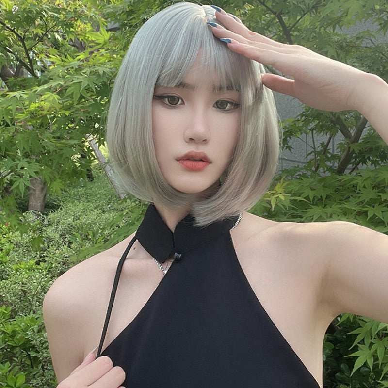 Coolhair Small Dark Brown Short Bob Gradient Golden White Wavy Woven Natural Hairline Heat-resistant Synthetic Wig