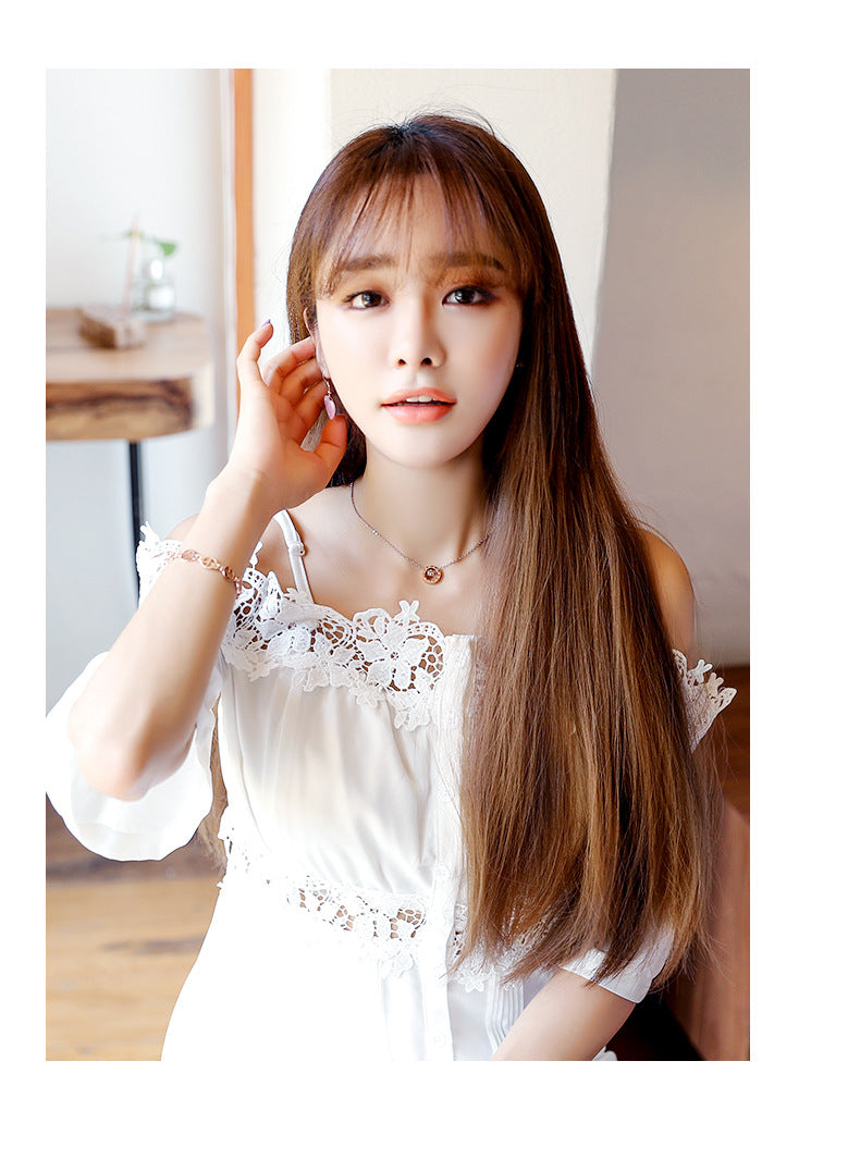 Coolhair Wig Girls Chocolate Brown One Piece Long Straight Highlights Synthetic Hairpiece U-part Wig Hair Extensions for Women