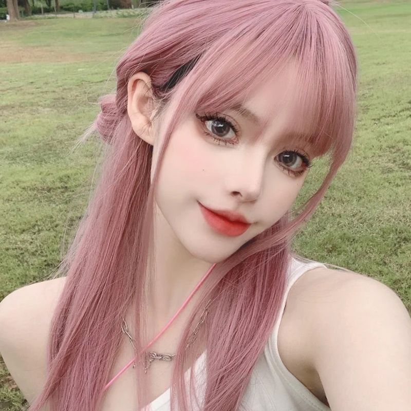Coolhair Wig New Design Japanese Style Luxury Long Straight Pink Color Synthetic Fiber Wig With Bangs