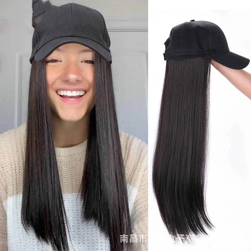 Wig Women's European and American Foreign Trade Wig Hat Integrated Black Long Straight Fiber Women's Headset