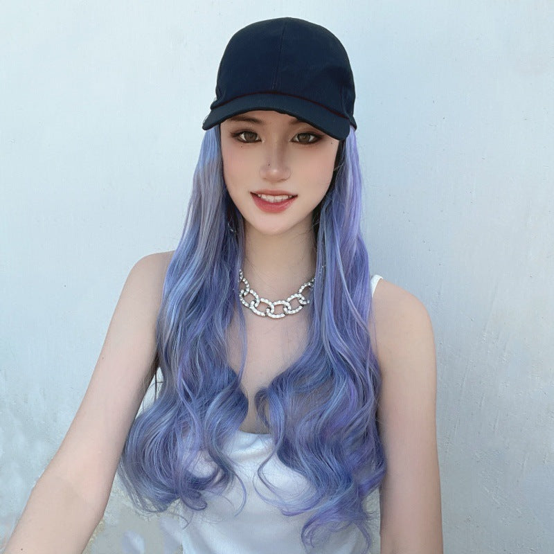 Hat wig women's synthetic mechanism color long hair big wave baseball cap integrated simulation long curly hair