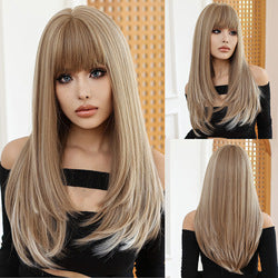 Coolhair Small Cap Dark Brown Natural Straight Synthetic Wig 26 Inches Heat Resistant with Bangs for Women