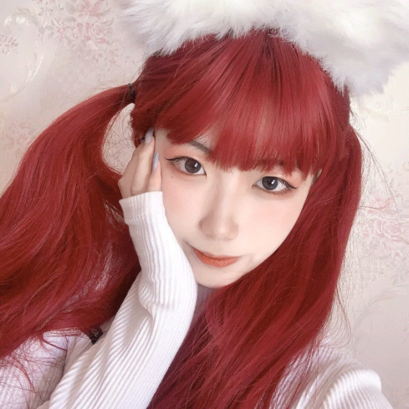 Japanese and Korean manga bangs wig, women's red waist length straight hair, internet celebrity, same style synthetic headband