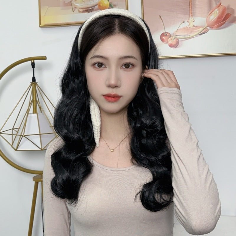 Side Headband Wig Women's Long Synthetic Hair Body Wave Small Cap 100% Density Slightly Curly Half Head Set
