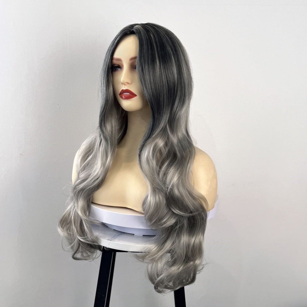 New Wholesale Women's Long Curly Lace Front Cool Wig Deep Wave Black Gray Gradient Heat Resistant Large Cap Size